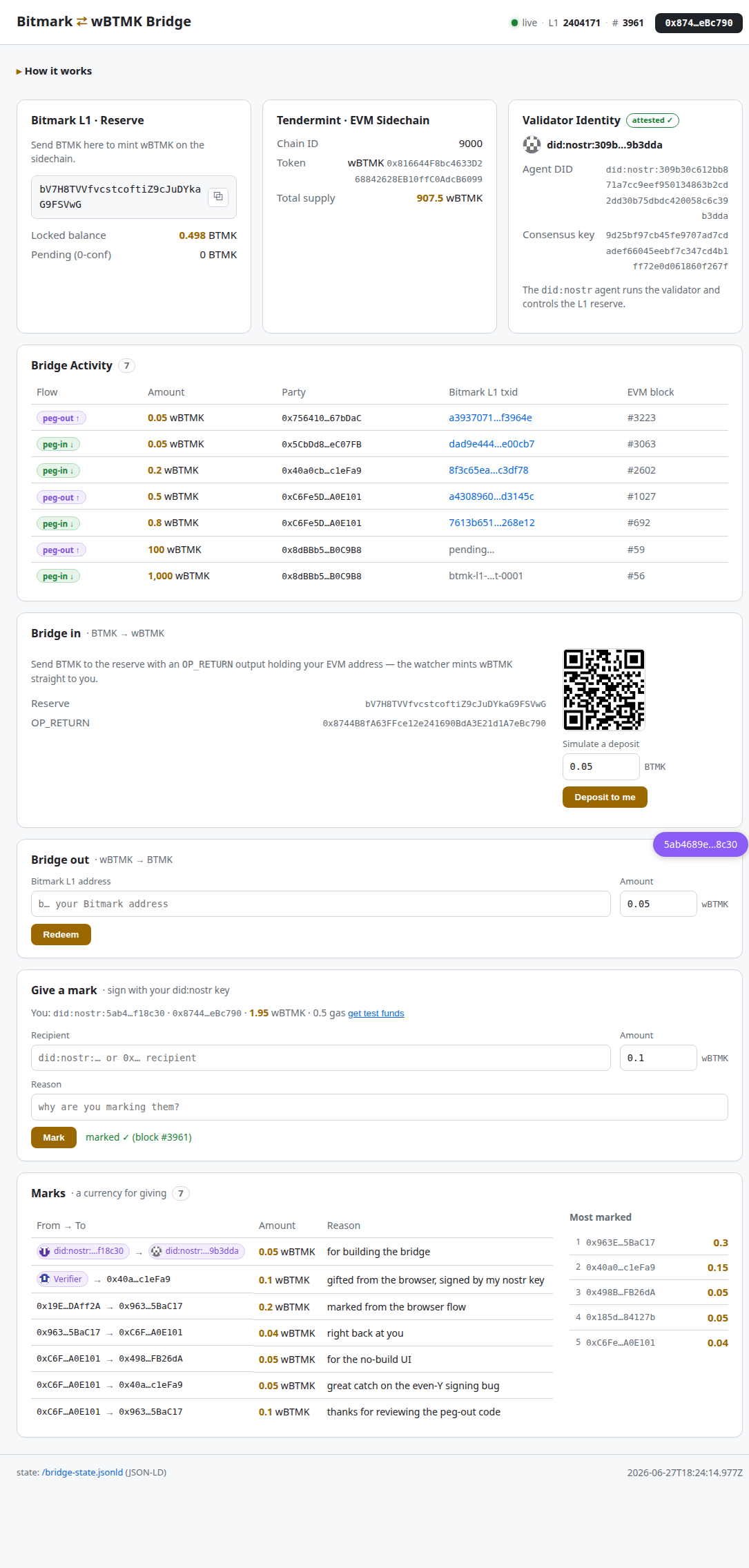 Bitmark ⇄ wBTMK bridge dashboard